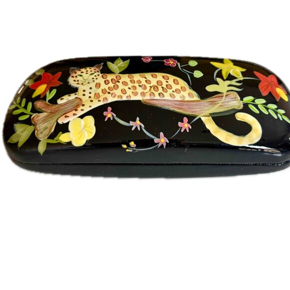 A.J. Morgan Hand Painted Eyeglass Case Leather Clamshell Leopard Tropical Design - Picture 6 of 7